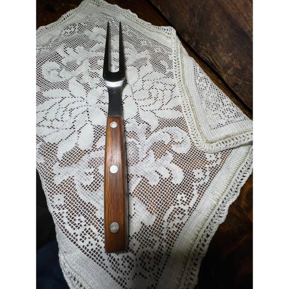 Other - Vintage Stainless Steel Meat Carving Fork Wood Handle 3 Rivet 14 Inch Serving